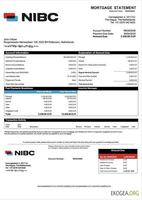 Modèle Word et PDF de relevé hypothécaire de la NIBC Bank des Pays , Bas